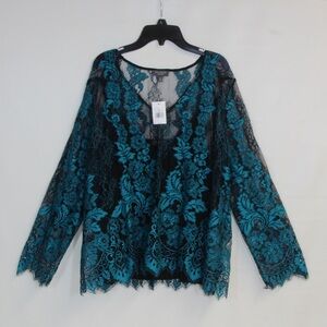 The Limited Women's Deep Lake Turquois & Black‎ Lace V-neck Blouse